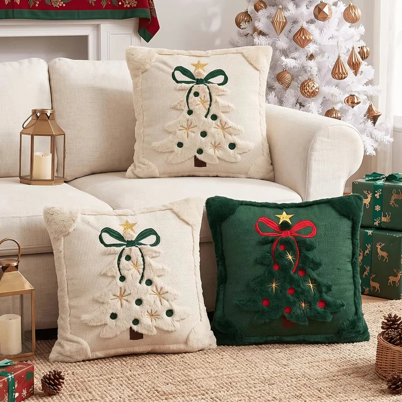 3D Christmas Tree Throw Pillow Covers Faux Plush Embroidered Xmas Tree Pattern Cushion Covers Sofa Couch Home Decor