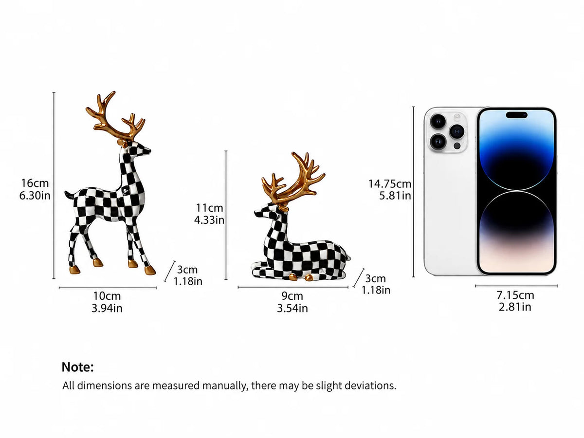 Black-and-White Checkered Deer Sculpture Christmas Home Decor, Fireplace or Living Room Table Ornament, Holiday Gift