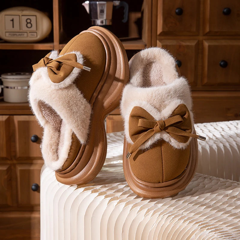 Pantuflas de invierno con lazo para mujer, calzado casual de casa, diseño de lujo de felpa, sandalias de plataforma con cuña, de pelo suave y suela cómoda