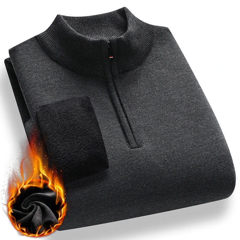 Men's Fleece Sweater Solid Color Mock Neck Slim Fit Warm Thicken Knitted Pullovers Solid Color Casual Business Knitwear