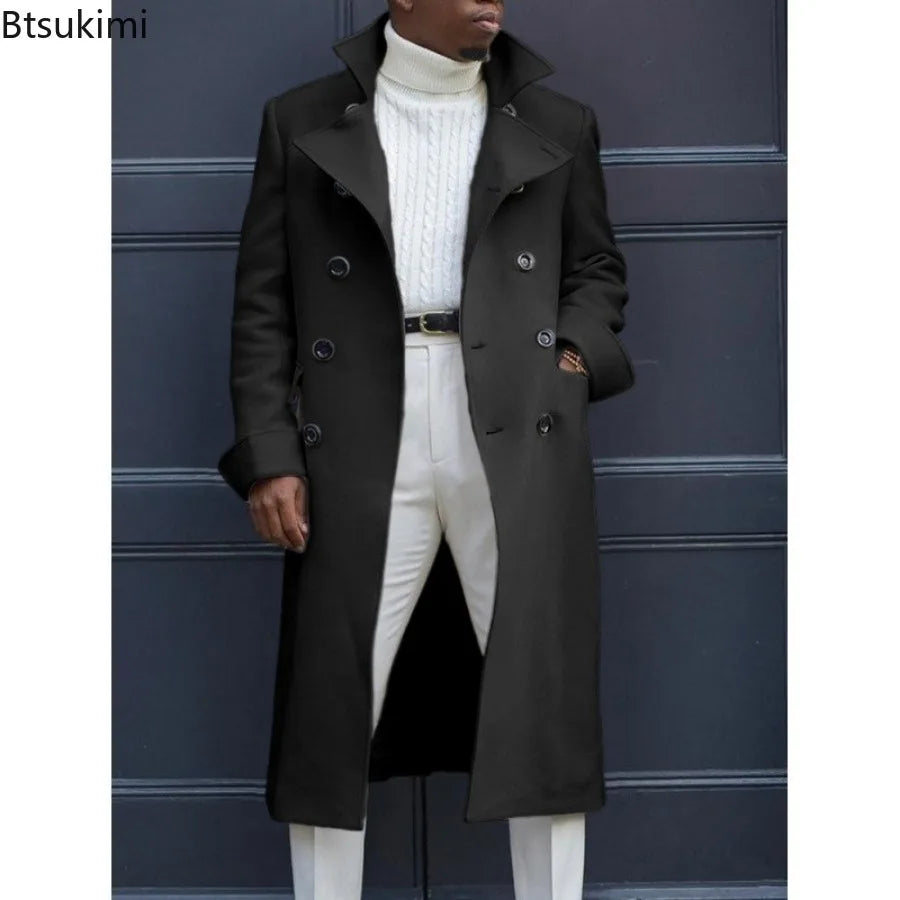 New 2026 Autumn Winter Men's Trench Coat British Style Fashion Slim Fit Double Breasted Overcoats Mid-Length Casual Woolen Coats