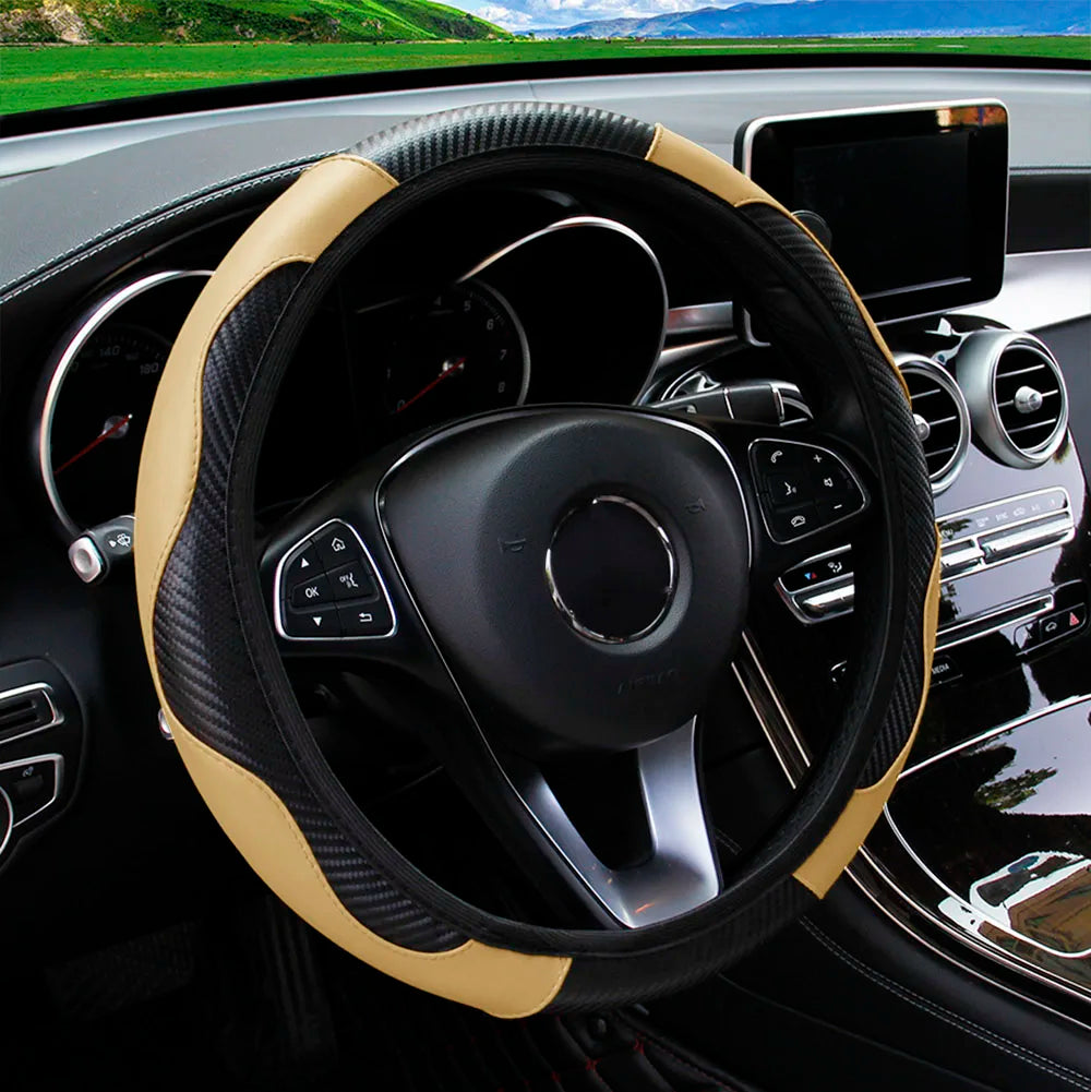 PU Carbon Fiber Leather Steering Wheel Cover Without Inner Ring, Suitable for 14.5–15-Inch Steering Wheels