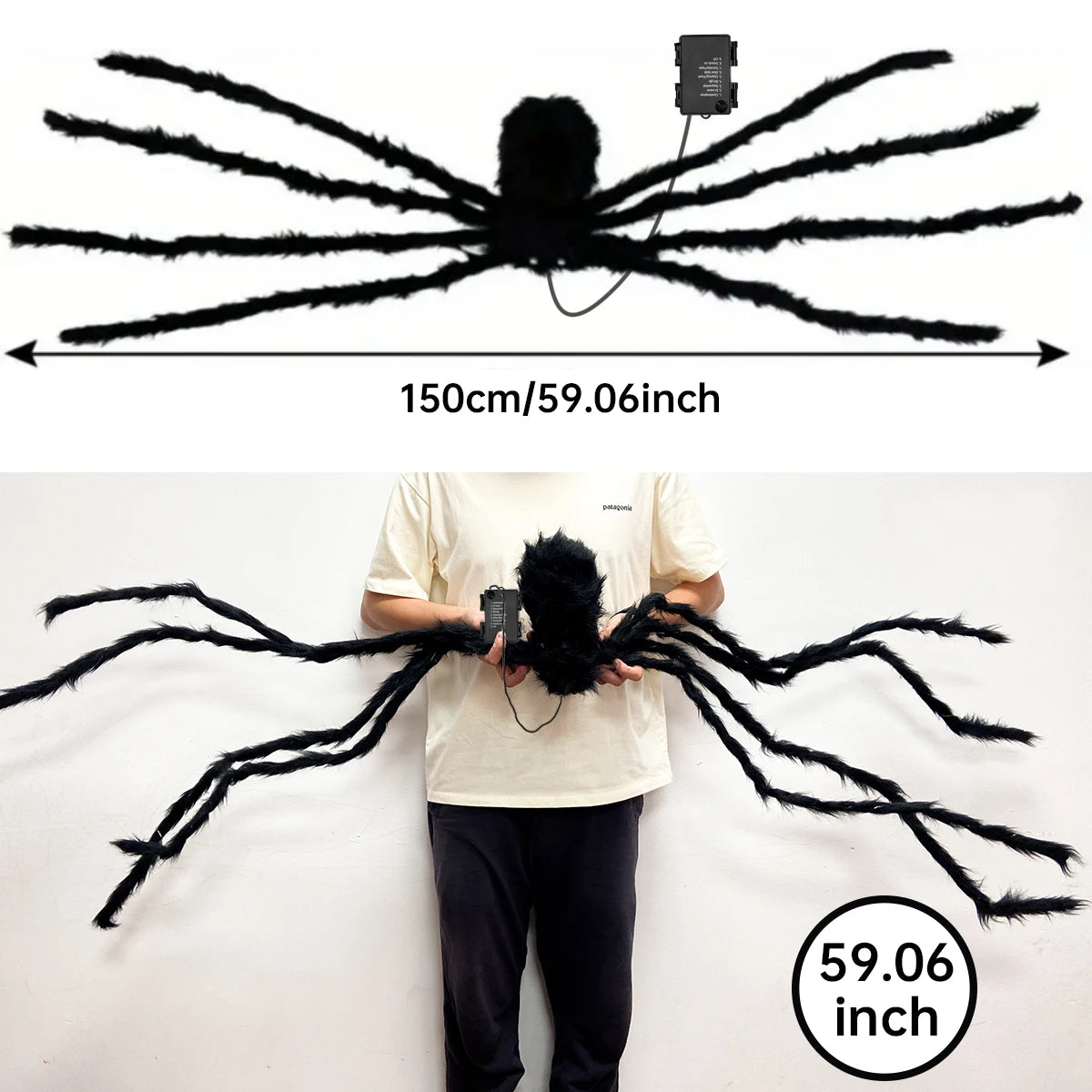 1pc Halloween Giant Light Up Fuzzy Black Spider Purple LED Battery Powered 8 Modes Spider Lights For Indoor Outdoor Porch Decor
