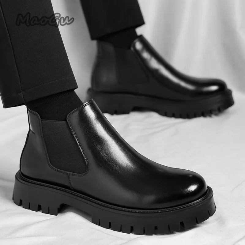 Vintage Herren-Chelsea-Stiefeletten in Braun, glänzendes Leder, Schlupfschuhe mit dicker, rutschfester Sohle, kurze Stiefel für Herren, Herbst, schwarz