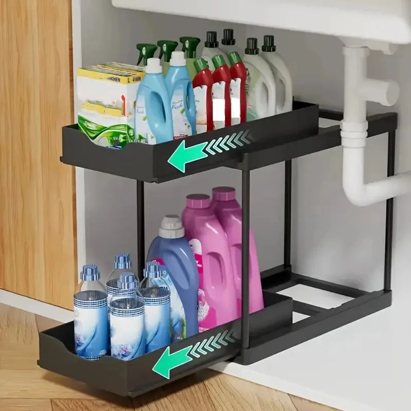 Rangement coulissant à 2 niveaux sous évier, organiseur multifonctionnel à tiroirs pour produits de nettoyage de cuisine et de salle de bain, à poser sur le plan de travail