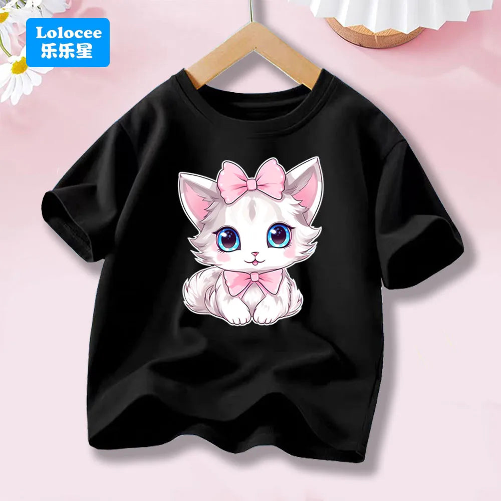Girls’ Cat-Print Short-Sleeve T-Shirt
