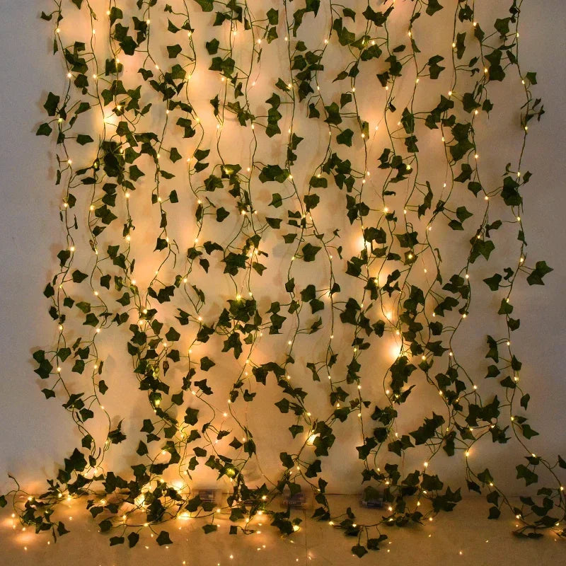 Guirnalda colgante de luces LED con hojas de seda, enredadera artificial de hojas verdes y hiedra para decoración del hogar y bodas