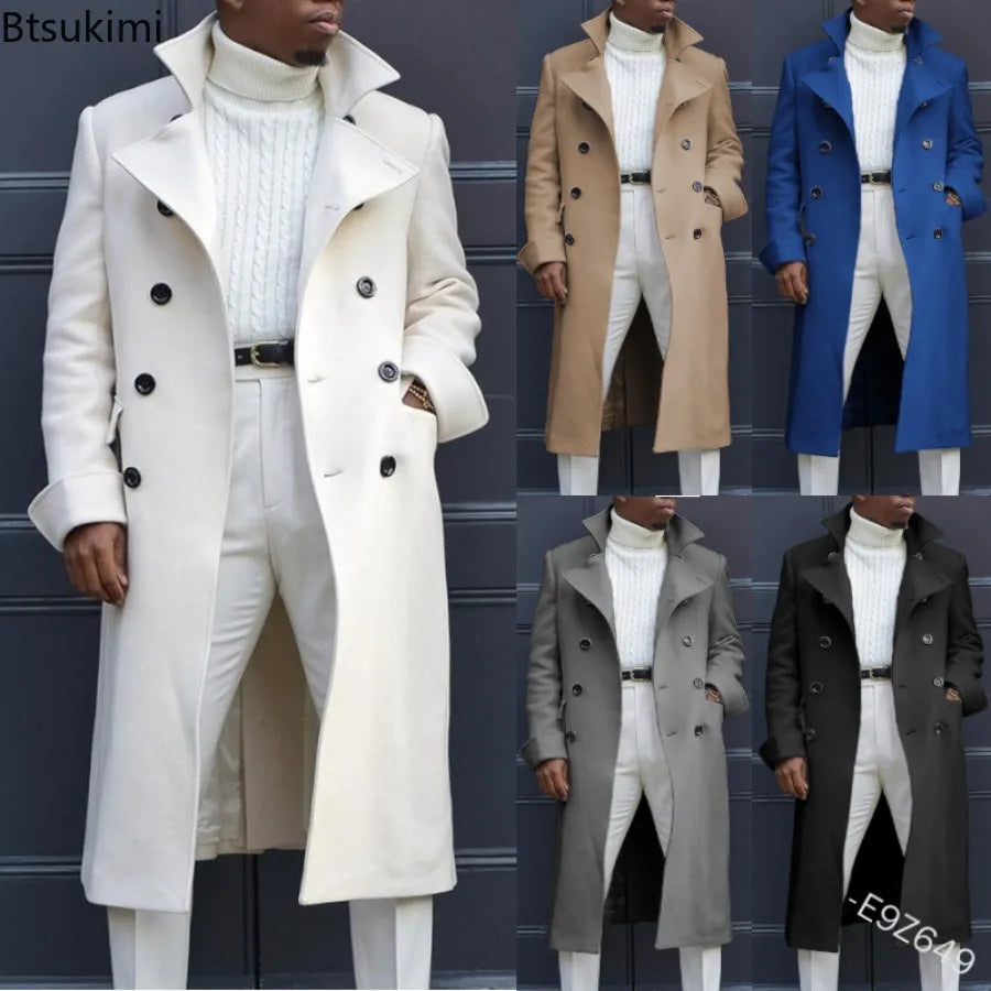New 2026 Autumn Winter Men's Trench Coat British Style Fashion Slim Fit Double Breasted Overcoats Mid-Length Casual Woolen Coats