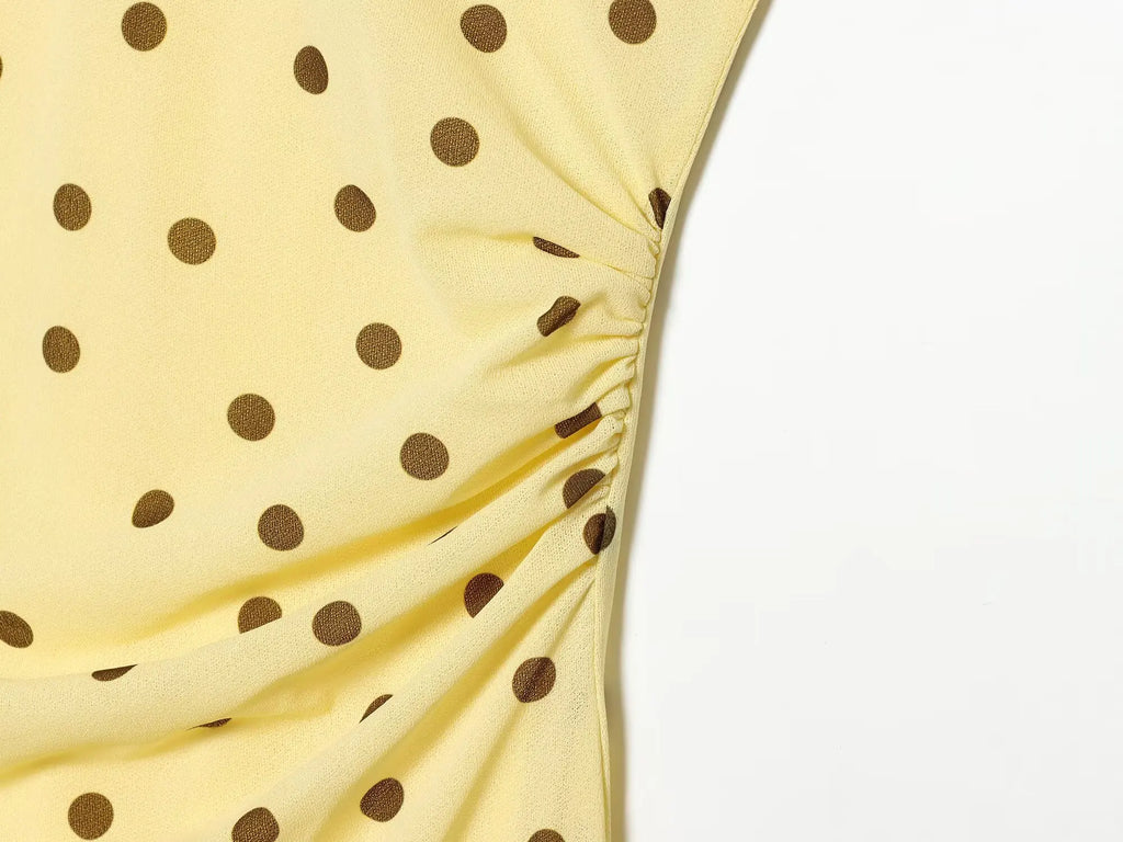 BSAY 2026 Women's Yellow Polka Dot Maxi Dress Sleeveless Crew Neck Waist Ruched Elegant Long Dress Summer Casual Party Dresses