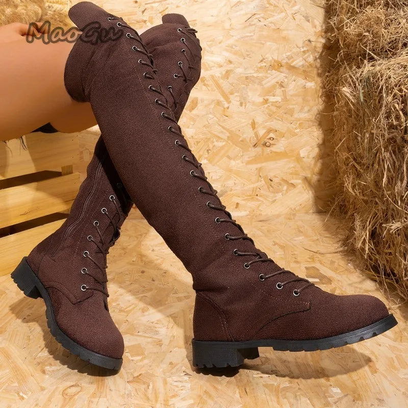 Damen-Kniehohe Stiefel Herbst/Winter 2025, mit seitlichem Reißverschluss und klobigem Absatz, lange Stiefel aus Vintage-Wildleder mit Schnürung vorne, elegante Botas Mujer