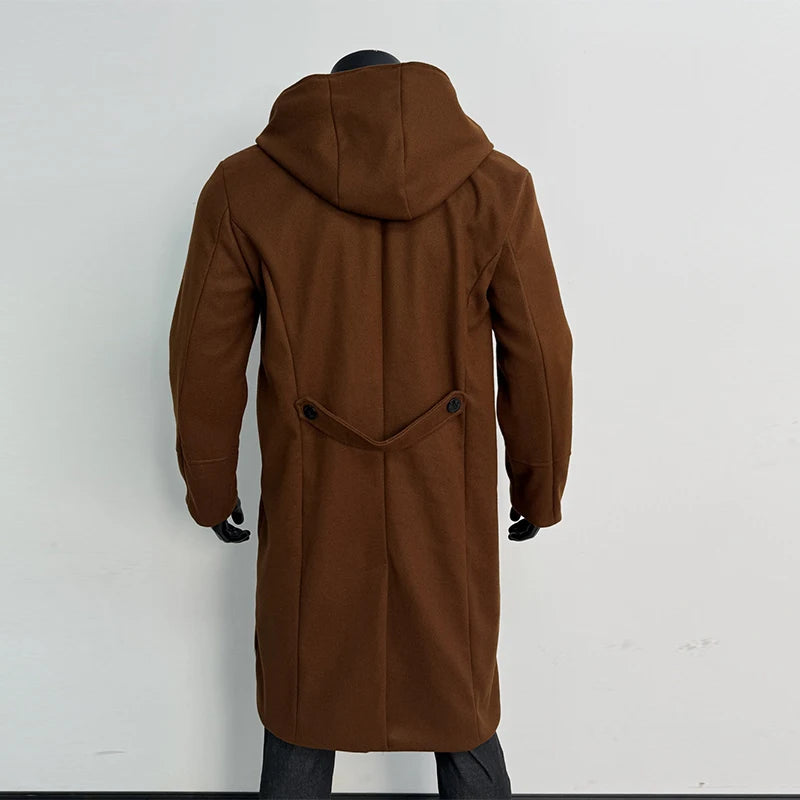 Men Hooded Wool Blend Coat Asymmetric Zip Autumn Winter Warm Long Overcoat Stylish Mens Outerwear Jacket Chic Streetwear M-2XL