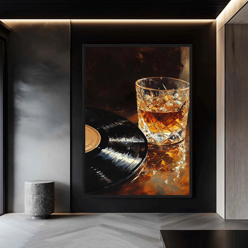 Whiskey und Schallplatte – stimmungsvolles Bar-Poster für Musikliebhaber, Leinwanddruck und Wandbild zur Inneneinrichtung
