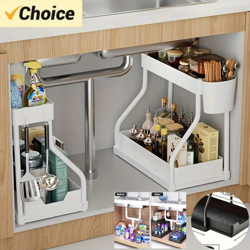 Organizador de 2 niveles que ahorra espacio para debajo del fregadero, caja de almacenamiento extraíble, cajón organizador duradero y de gran capacidad, esencial para cocina y baño
