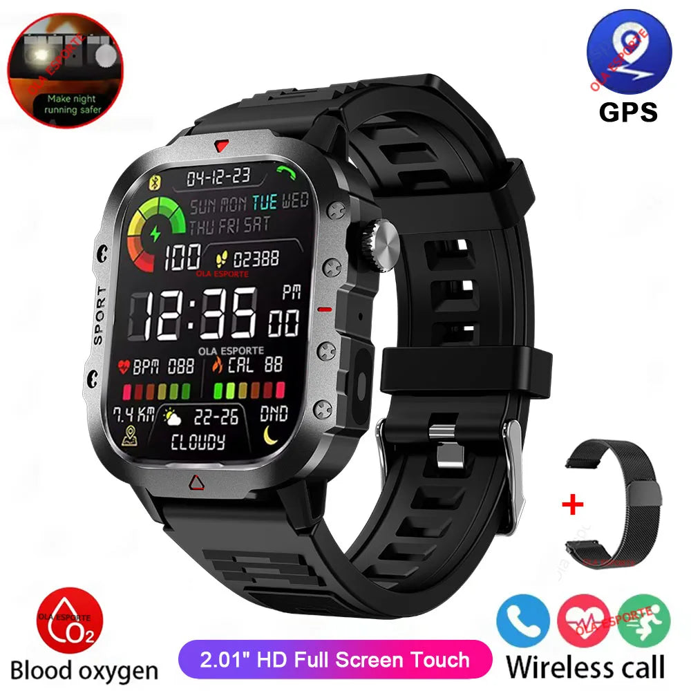 2026 Military Outdoor Smart Watch Men's GPS Flashlight Bluetooth Call 2.01" AMOLED Screen 3ATM Waterproof Sports Smartwatch Ht30