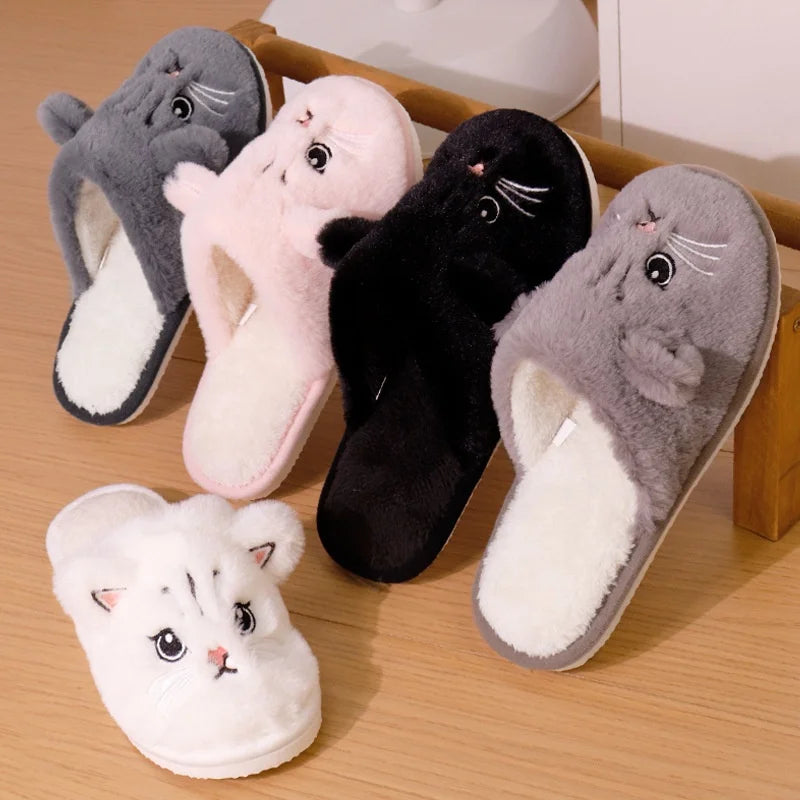 Winter Cute Cat Cotton Slippers Couple Funny Casual Soft Sole Slides Adults Indoor Floor Homewear Sandals Women Quiet Flip Flops