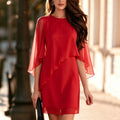 Elegant Chiffon Dress Autumn Winter Solid Color Simple Commuting Style Irregular Layered Lotus Leaf Shawl Round Neck Dresses
