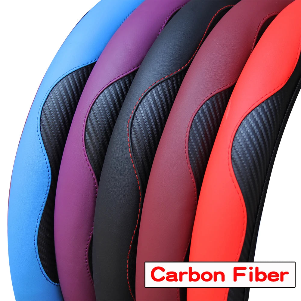 Housse de volant de voiture en cuir PU fibre de carbone sans anneau intérieur, adaptée aux accessoires automobiles de 14,5 à 15 pouces
