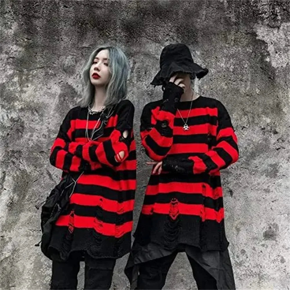 Autumn Winter Color Blocking Stripe Sweaters Destroyed Ripped Design Fashion Sweater Men's Pullover Knitwear Oversize Streetwear