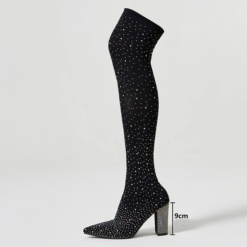 Stivali donna Liyke stretch con strass e tacco largo