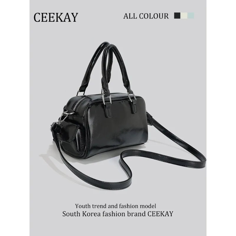 2026 New CEEKAY Boston Bag, Patent Leather Handbag with Card Holder Pendant, Casual Shoulder Bag for Women Casual Crossbody Bag