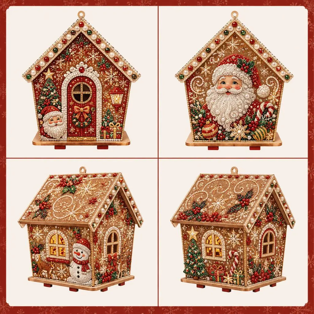 Diamond Painting Kit, Wooden Christmas House, DIY Gingerbread House, 3D Assembled Craft, Christmas Home Decor, Santa Snowman Dee