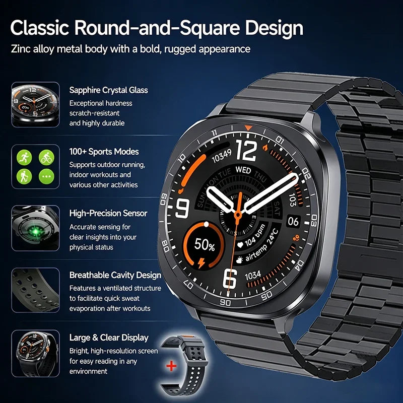2026 W9 400mAh Men Smart Watch Multi Sport Modes Fitness Tracking Bluetooth Calling Large Battery SOS Outdoor Compass Smartwatch