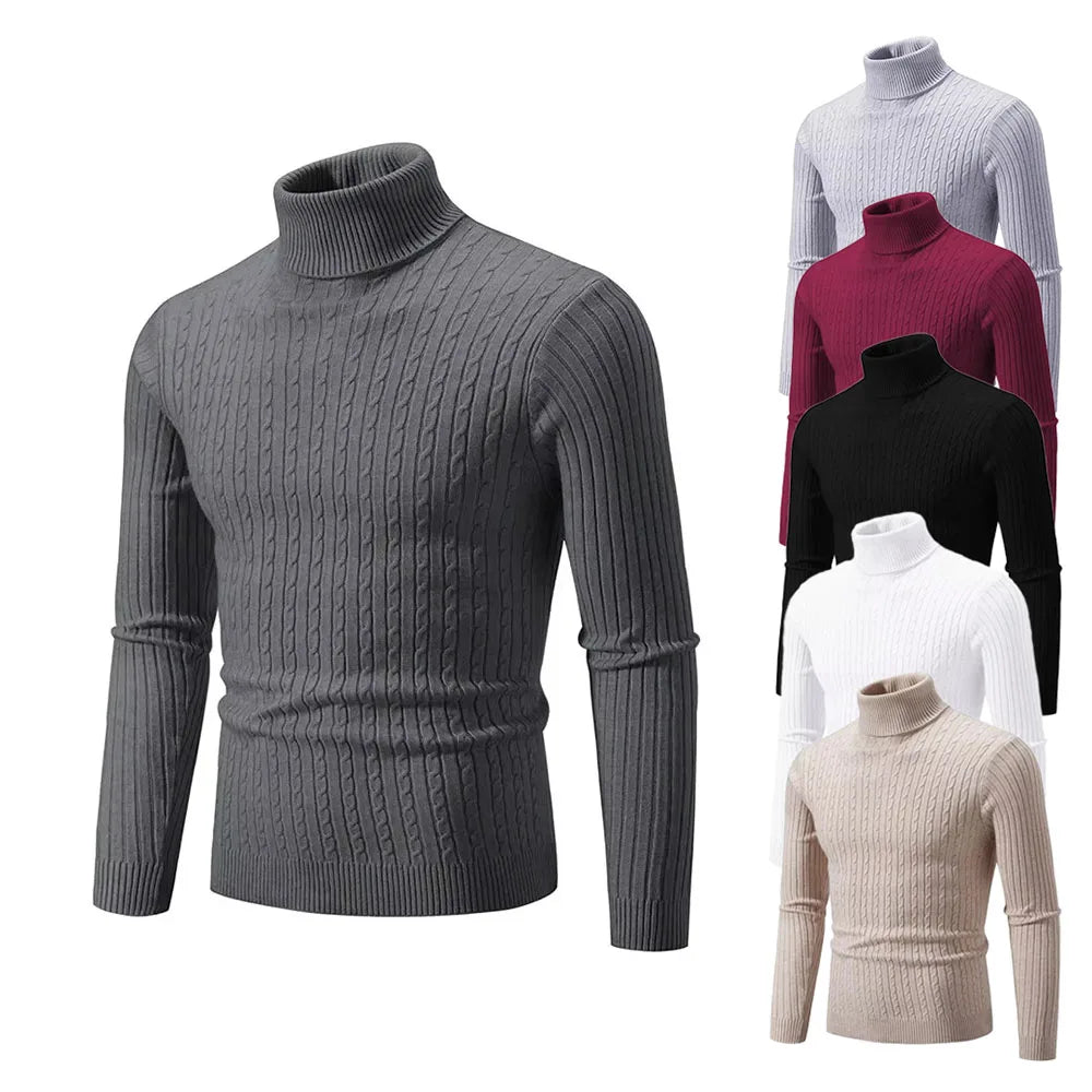 New Men's Turtleneck Sweater Solid Color Jacquard Pullover Knitted Sweaters Casual Warm and Comfortable Tops Mens Clothing