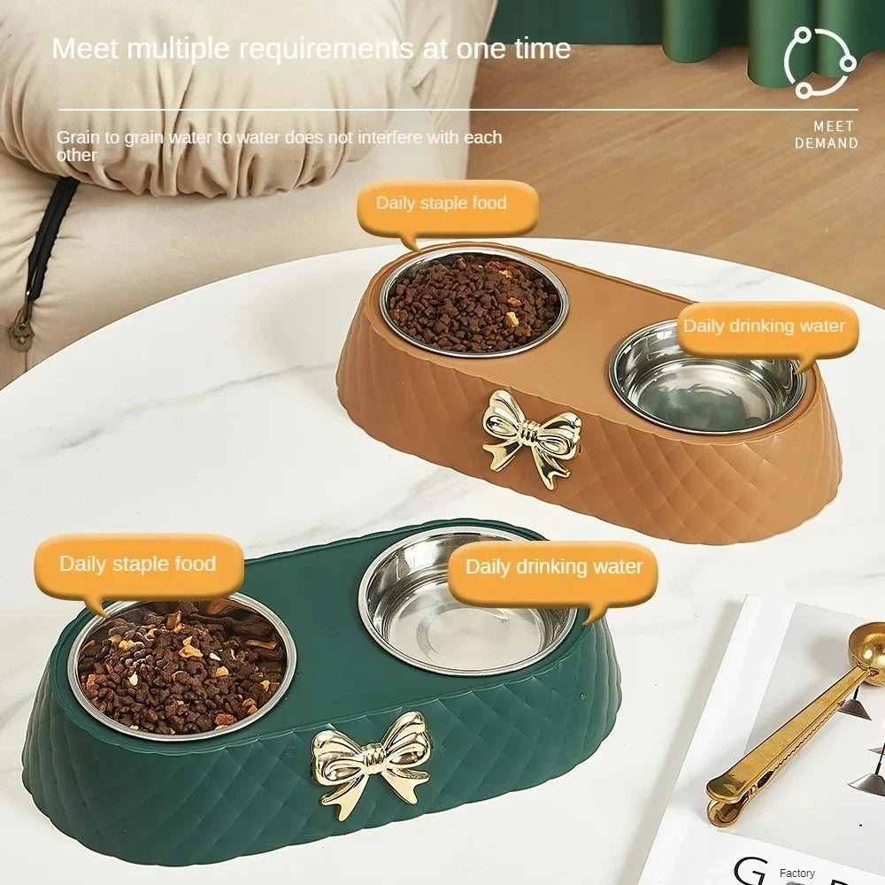 Gamelle double pour animaux de compagnie en acier inoxydable avec socle en polypropylène et nœud papillon pour chats et chiens, accessoires d'alimentation et d'abreuvement