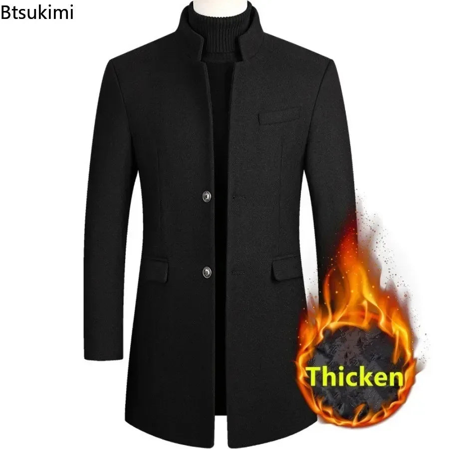 New Men's Mid Length Woolen Trench Coats Thicken Warm Business Casual Wool Blend Coats Stand Collar Slim Winter Jacket Gentleman