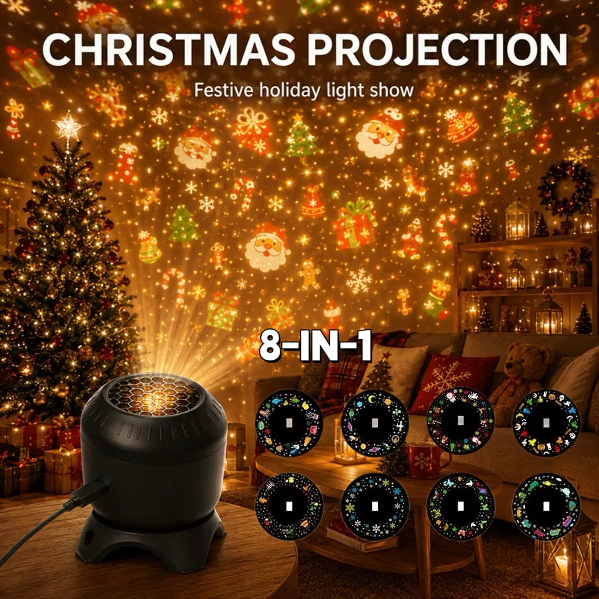 LED Christmas HD Projector USB Powered 8 Patterns 360° Rotating Dynamic Projector Night Light for Bedroom Holiday Party Decor