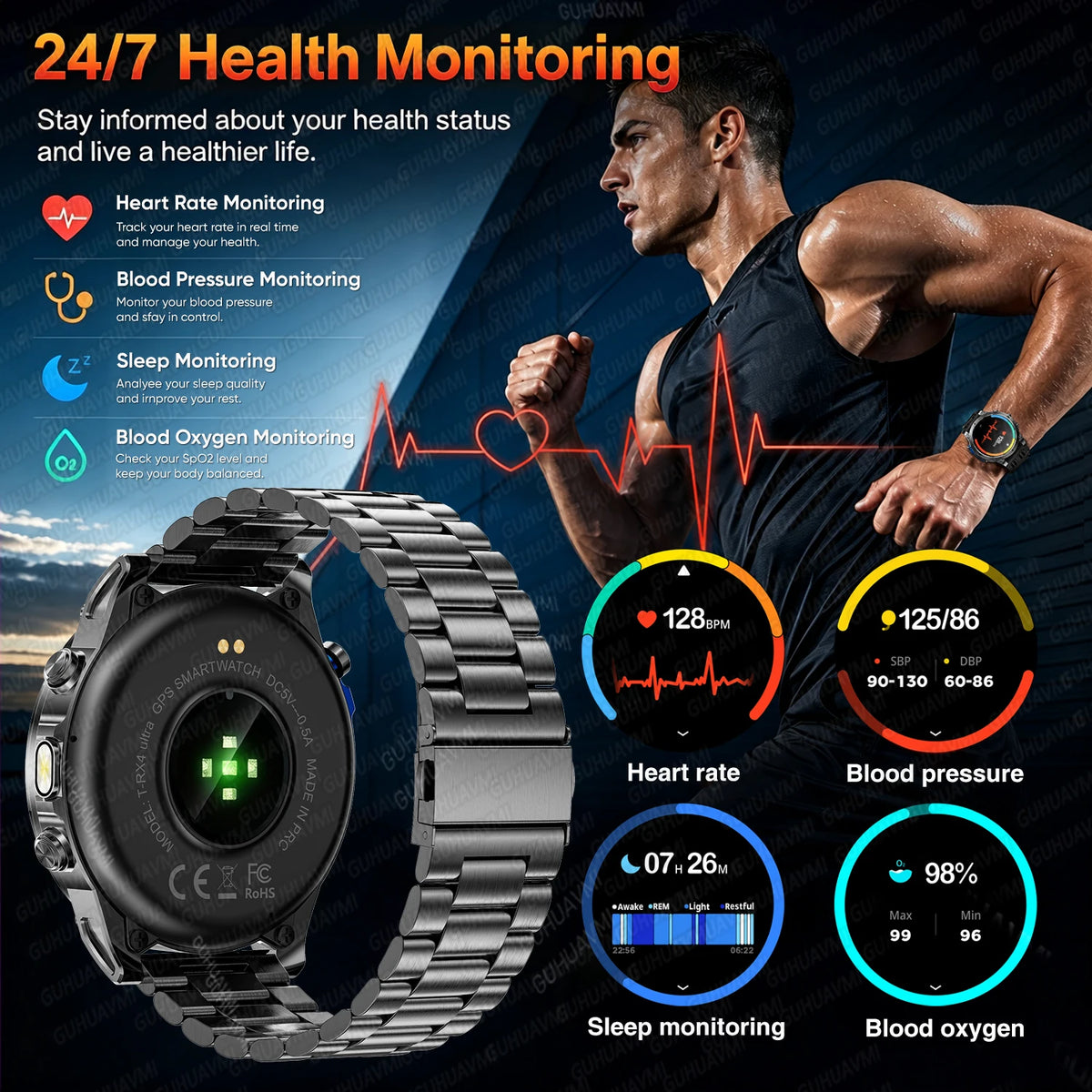 New T-RX 4 Military GPS Smartwatch Men 6 Satellite Precise Positioning 10ATM Waterproof HD Call 170+Sports Modes LED Flashlight