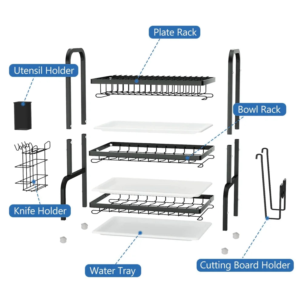 Égouttoir à vaisselle à 3 niveaux avec bac d’égouttage, porte-couverts et porte-assiettes pour évier de cuisine
