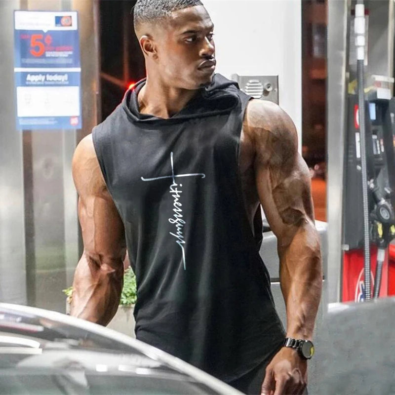 Gym Fitness Loose Sleeveless Vests Street Hip Hop Basketball Hooded Tank Tops Cotton Breathable Shirt Mens Bodybuilding Hoodie