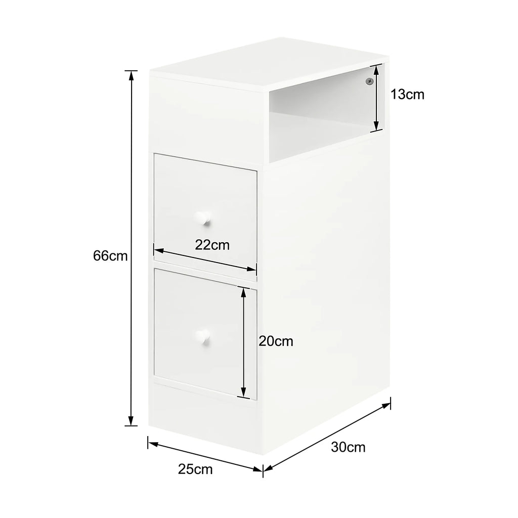 Juego de 2 mesitas de noche estrechas con 2 cajones, con compartimento abierto, para espacios reducidos, para dormitorio o salón, roble/blanco