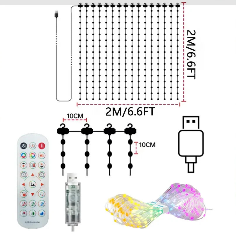 Rideau lumineux à LED RVB contrôlé par application intelligente, motifs personnalisables programmables et affichage de texte, guirlande lumineuse synchronisée sur la musique pour décoration d’Halloween et de Noël aux fenêtres et sur les murs