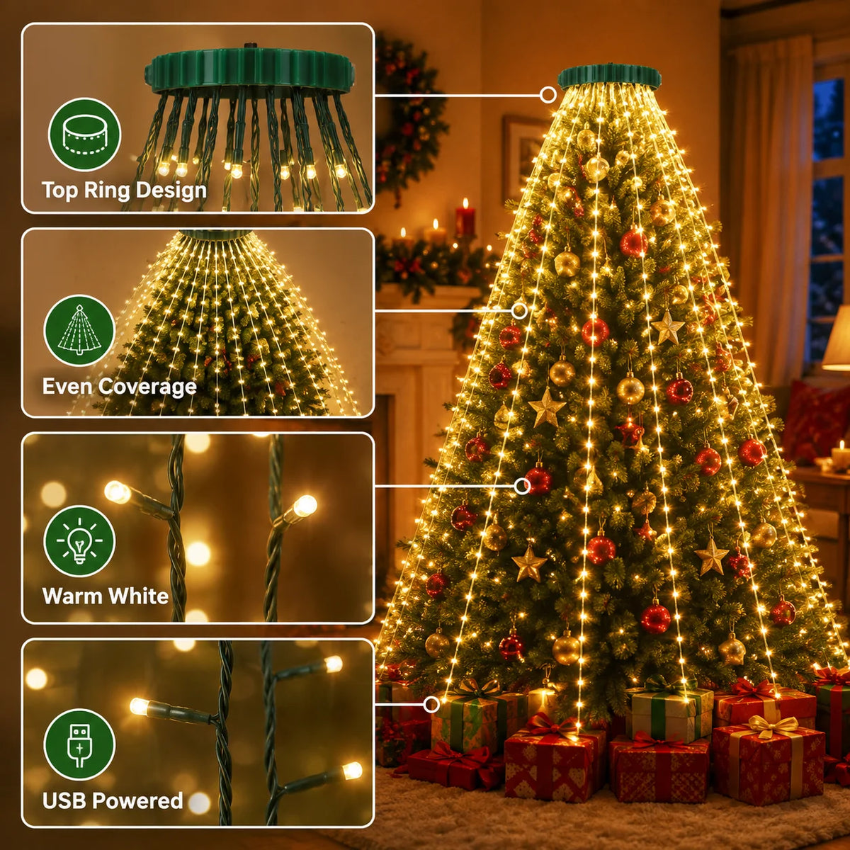 USB Christmas Tree Lights Top Ring String Lights 220/400LED 8 Modes Full Tree Coverage Easy Setup Indoor Christmas Decor