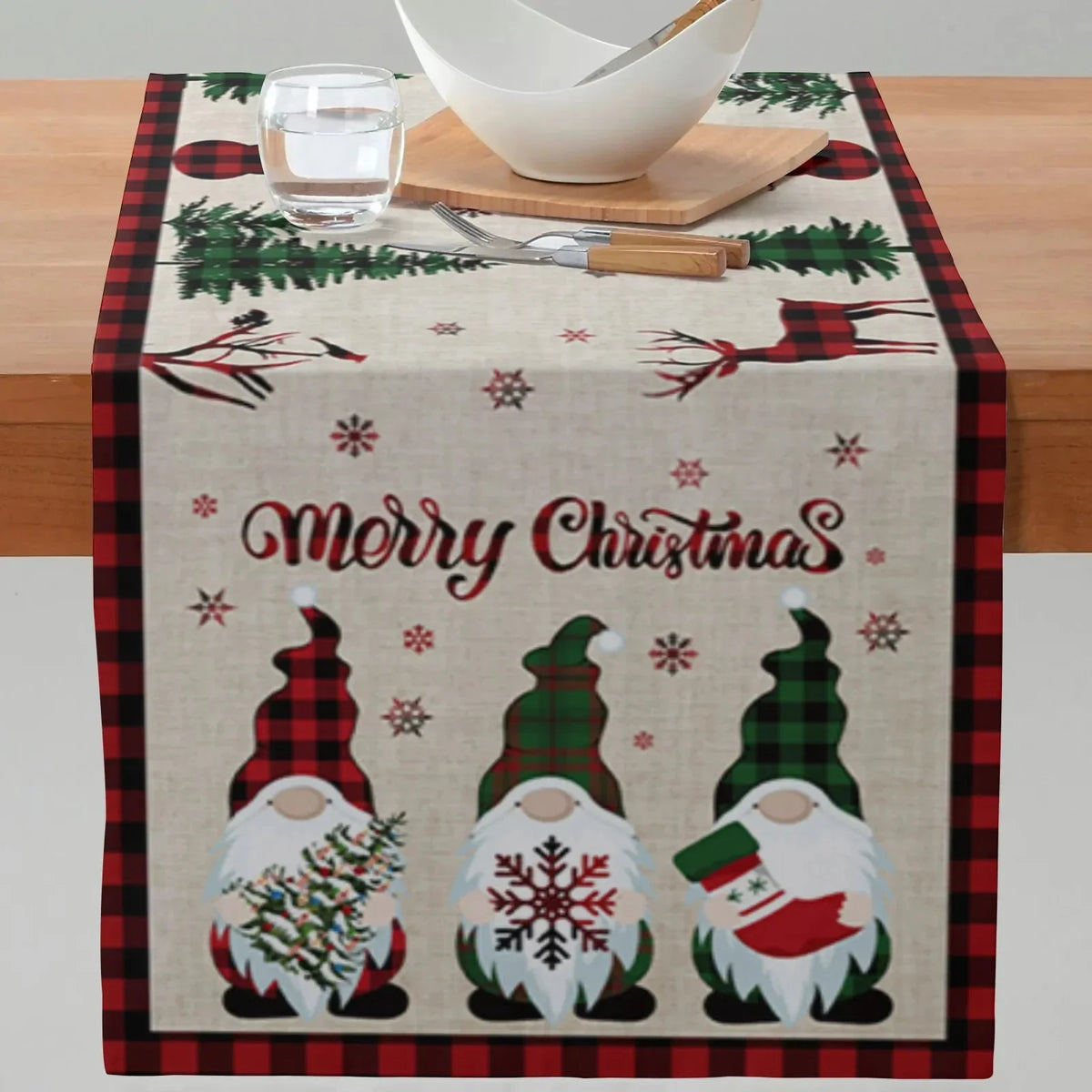 Polyester Pongee Christmas Table Runners Christmas Gnome Dolls Dining Table Decoration  Faceless Doll Print Table Cloth