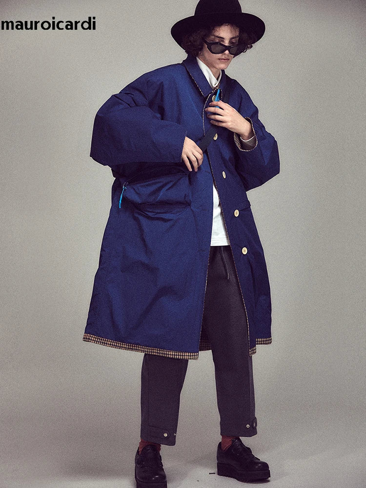 Mauroicardi Autumn Winter Oversized Warm Colorful Houndstooth Wool Blends Reversible Coat Men Luxury Designer Woolen Overcoat