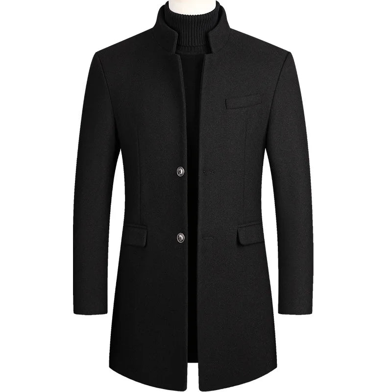 Men's Winter Wool Trench Coats—long, Warm Jackets for Business and Casual Wear, Available in Burgundy, Gray, Blue, and Black.