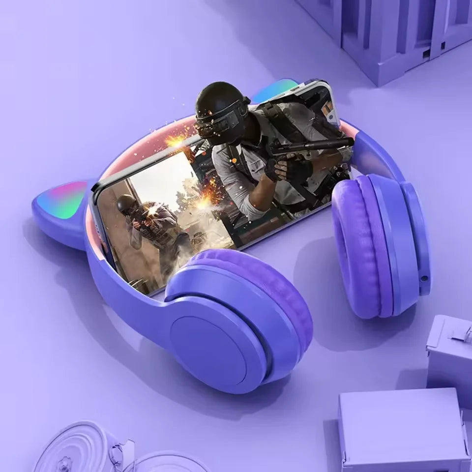 Casque audio sans fil Bluetooth avec oreilles de chat lumineuses, microphone intégré, modèle P47M pour enfants et filles, écouteurs stéréo pour sport