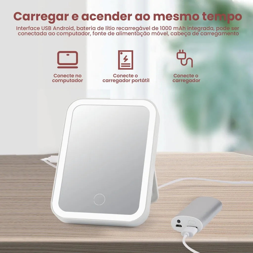 Espejo LED de 3 capas con luz natural, ideal para viajar, con iluminación regulable al tacto y recargable por USB