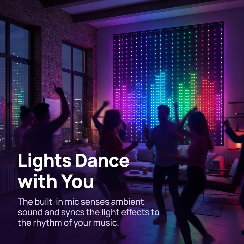 Rideau lumineux à LED RVB contrôlé par application intelligente, motifs personnalisables programmables et affichage de texte, guirlande lumineuse synchronisée sur la musique pour décoration d’Halloween et de Noël aux fenêtres et sur les murs