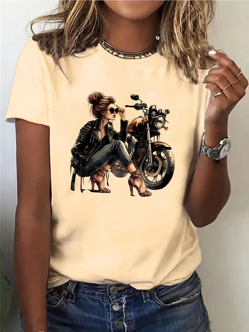 T-shirt da donna con stampa grafica di motociclista