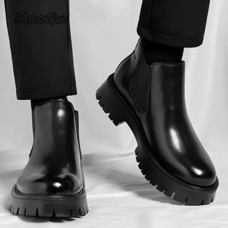 Vintage Herren-Chelsea-Stiefeletten in Braun, glänzendes Leder, Schlupfschuhe mit dicker, rutschfester Sohle, kurze Stiefel für Herren, Herbst, schwarz