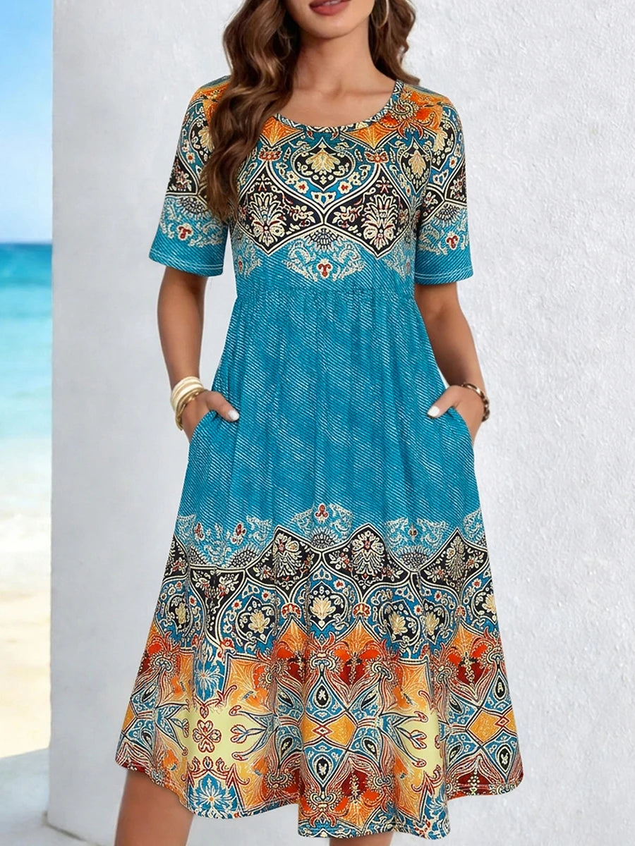 Abito midi da donna con stampa boho e tasche