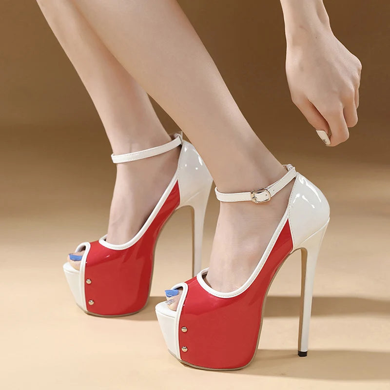 Scarpe peep toe donna Liyke rosse e bianche con plateau