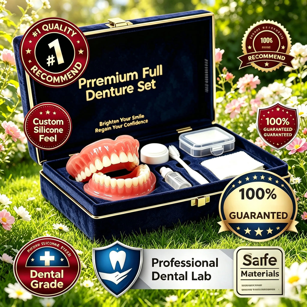 Kit de prothèse dentaire complète en silicone, dents artificielles supérieures et inférieures effet naturel, ajustement confortable, avec coffret cadeau et kit complet de soins dentaires et de nettoyage