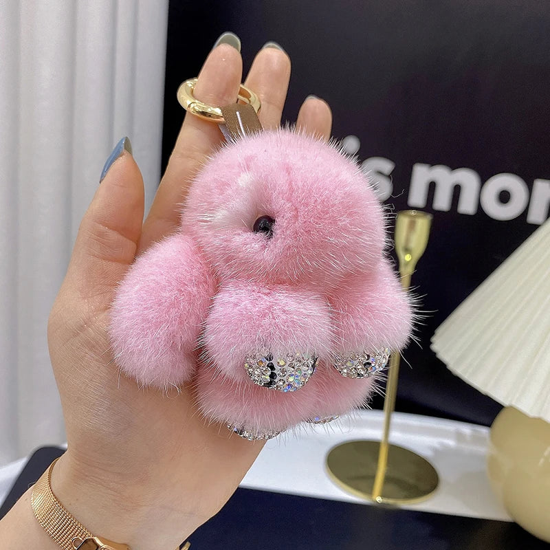 Luxury Big Mink Fur Bunny Fur Pendant Bag Jewelry Key Chain Plush Pendant Trumpet Cute Cute Rabbit Children Animal Cartoon Doll