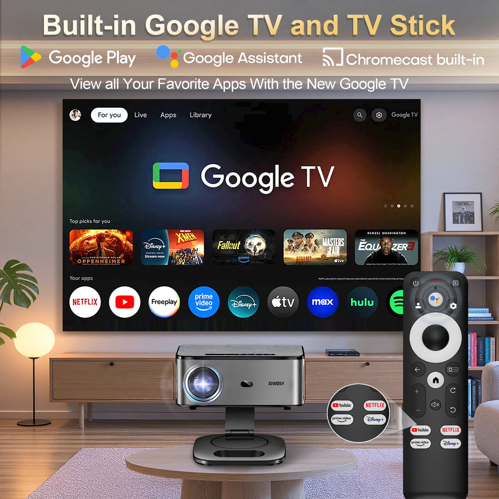 Proyector XIWBSY 4K con Google TV oficial, 42.000 lúmenes, Android 11.0, WiFi 6 y Bluetooth 5.4, para cine en casa y proyección de vídeo inteligente