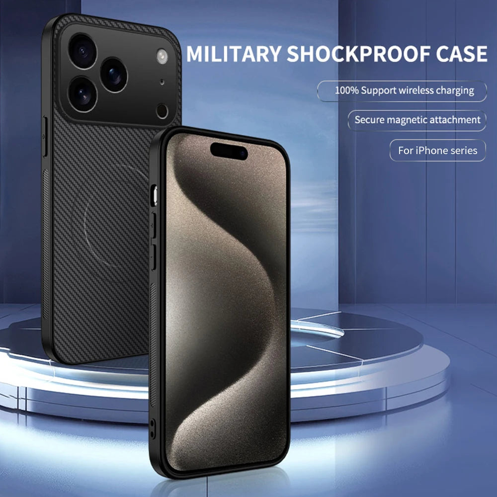 Built‑in Magnet Carbon Fiber Style Phone For Apple iPhone 18 17 16 15 14 13 Pro Max Air Cases Shell Anti‑Drop Anti‑Fingerprint